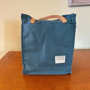 FEED Projects Canvas Market Tote Bag Teal Blue 100% Cotton Leather Straps